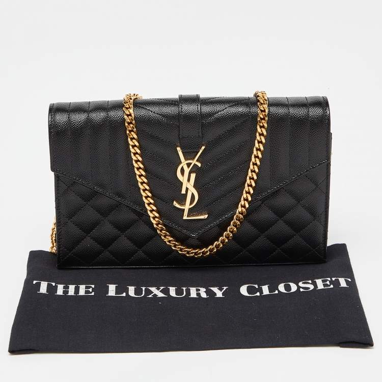 Pre Owned Saint Laurent Black Mix Matelassé Leather Monogram Envelope Wallet on Chain
