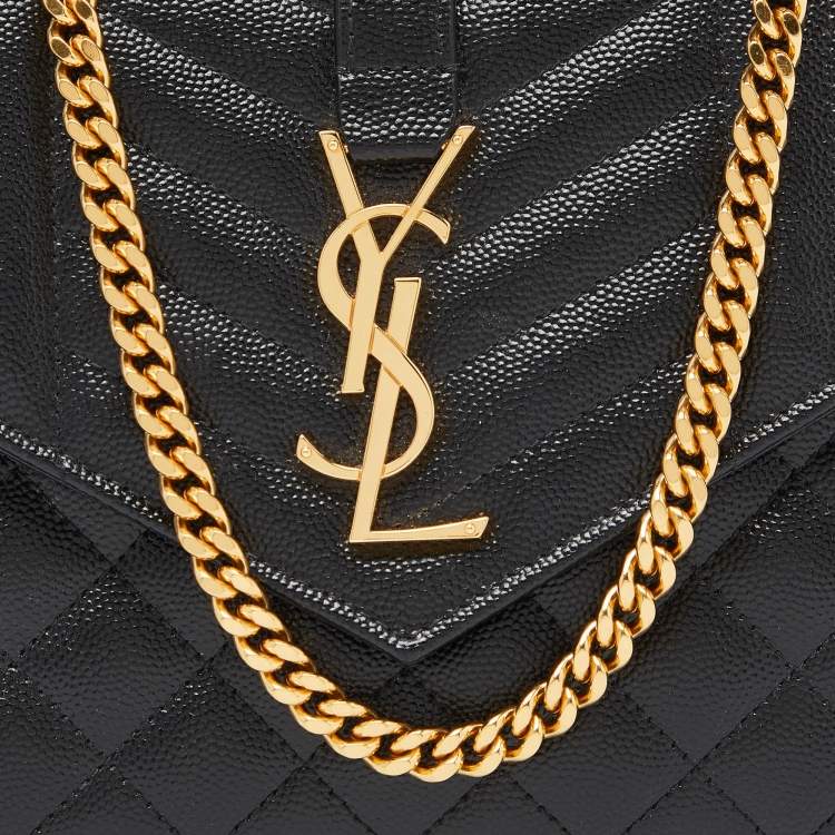 Pre Owned Saint Laurent Black Mix Matelassé Leather Monogram Envelope Wallet on Chain