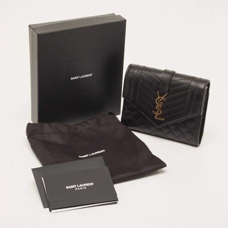 Pre Owned Saint Laurent Black Mix Matelassé Grain Leather Envelope Trifold Compact Wallet