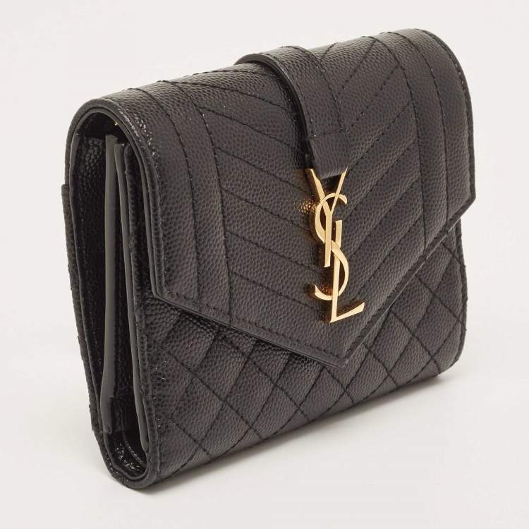 Pre Owned Saint Laurent Black Mix Matelassé Grain Leather Envelope Trifold Compact Wallet