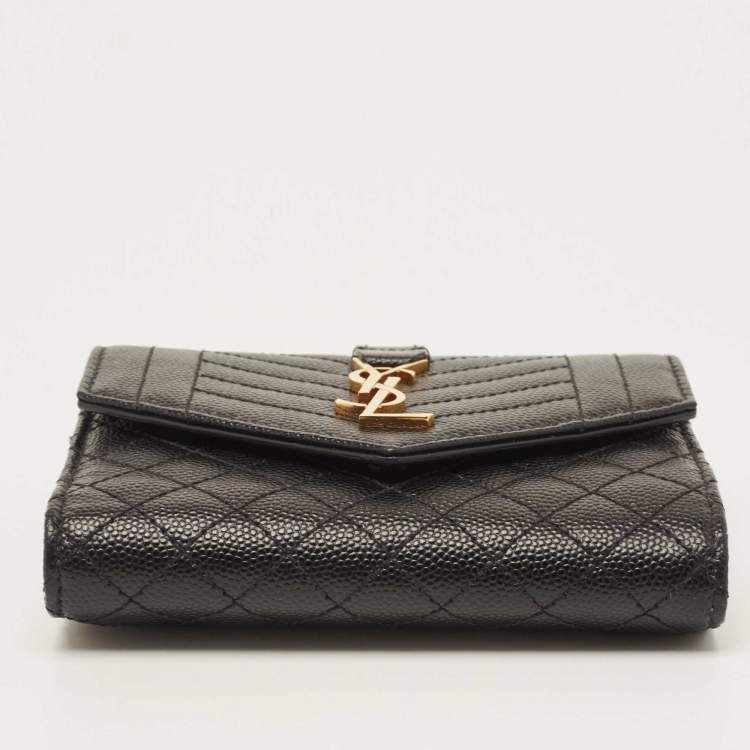 Pre Owned Saint Laurent Black Mix Matelassé Grain Leather Envelope Trifold Compact Wallet