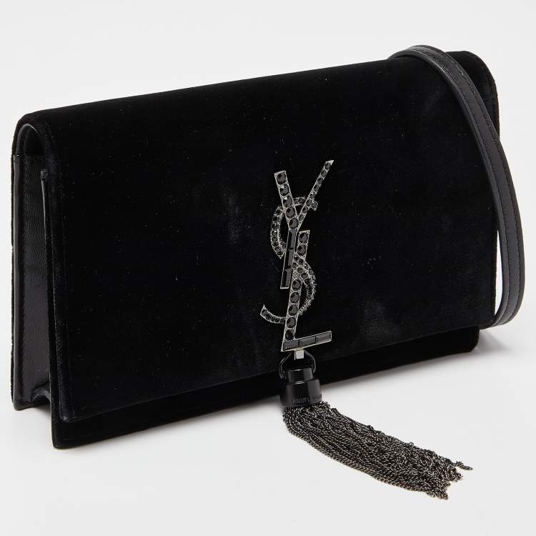 Pre Owned Saint Laurent Black Velvet Kate Tassel Wallet on Chain 