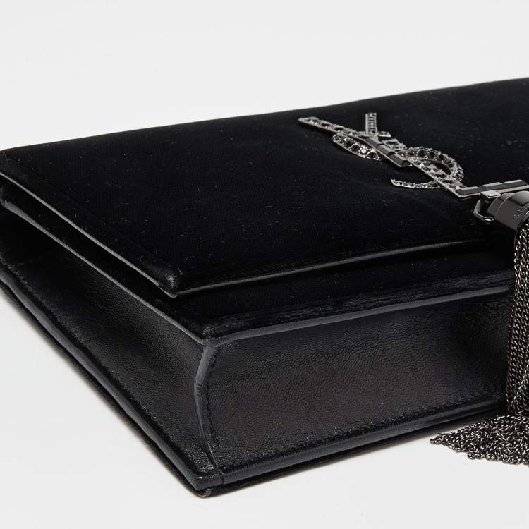 Pre Owned Saint Laurent Black Velvet Kate Tassel Wallet on Chain 