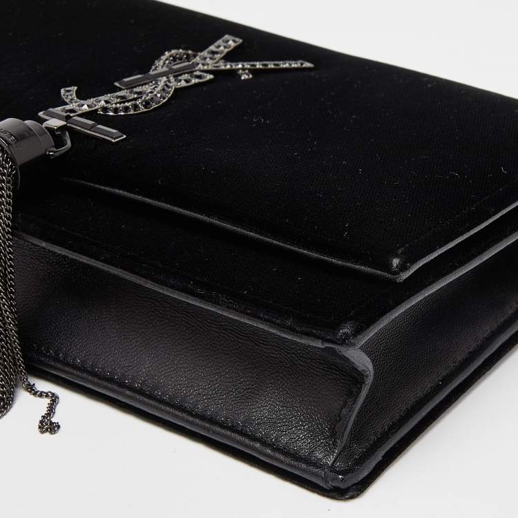Pre Owned Saint Laurent Black Velvet Kate Tassel Wallet on Chain 