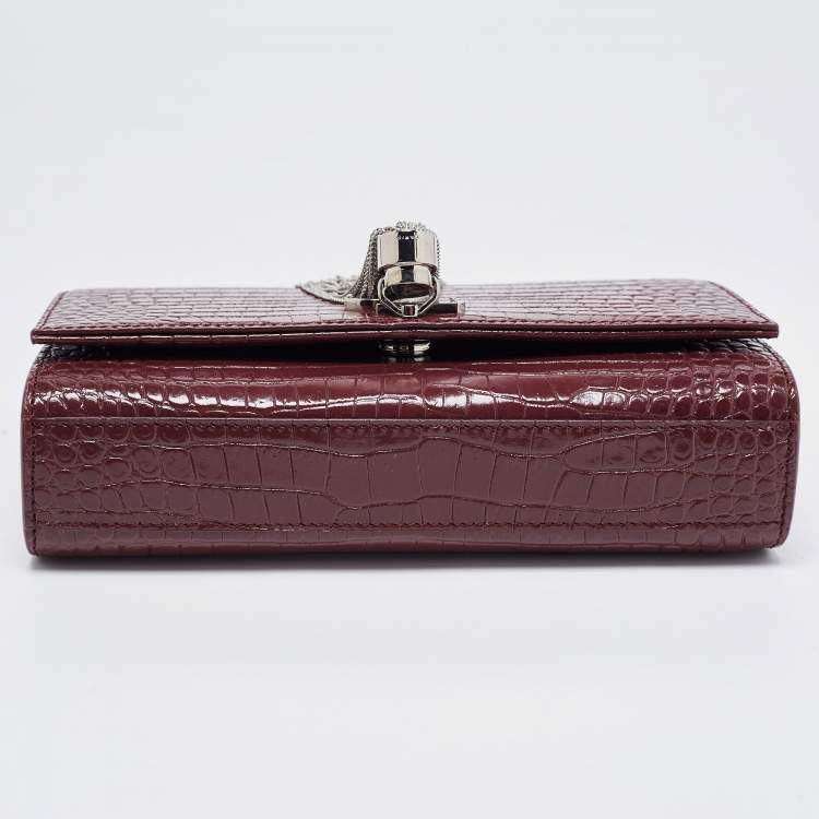 Pre Owned Saint Laurent Burgundy Croc Embossed Leather New Medium Kate Shoulder Bag