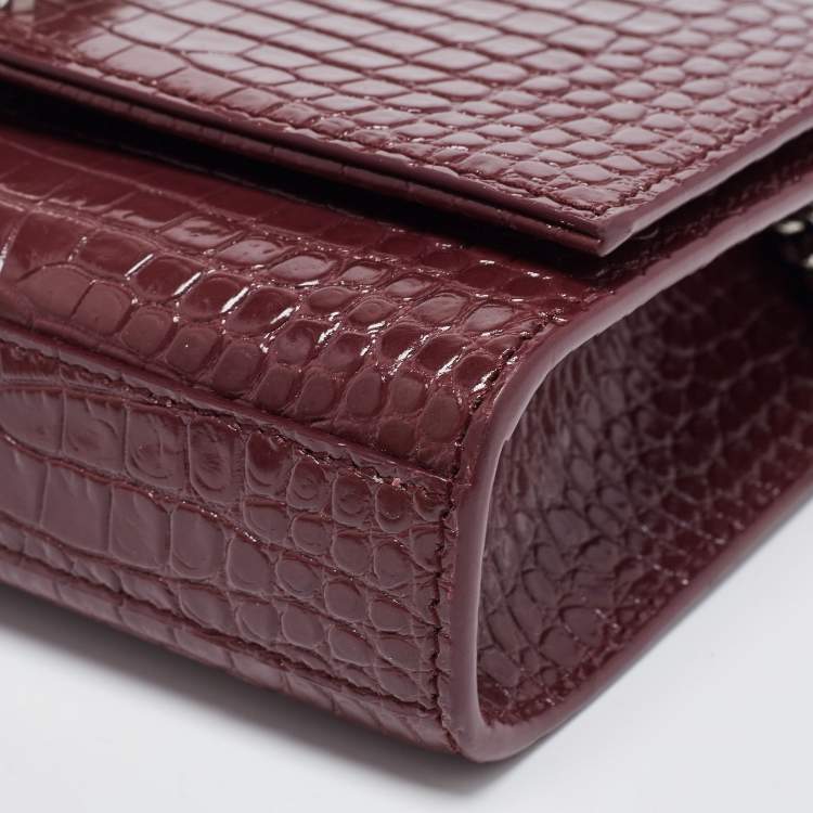Pre Owned Saint Laurent Burgundy Croc Embossed Leather New Medium Kate Shoulder Bag