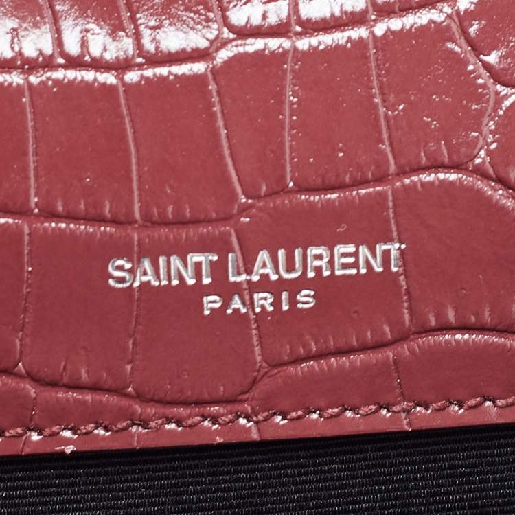 Pre Owned Saint Laurent Burgundy Croc Embossed Leather New Medium Kate Shoulder Bag