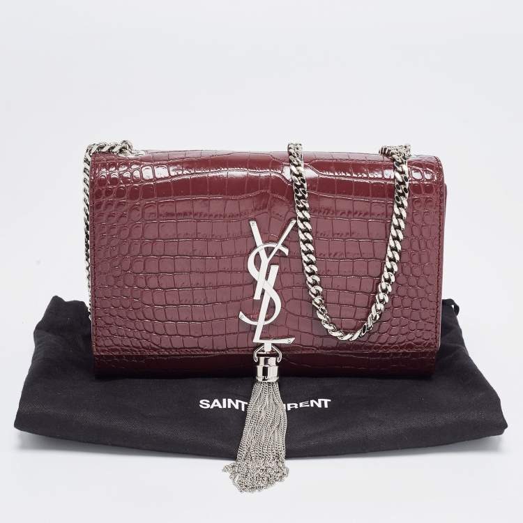 Pre Owned Saint Laurent Burgundy Croc Embossed Leather New Medium Kate Shoulder Bag