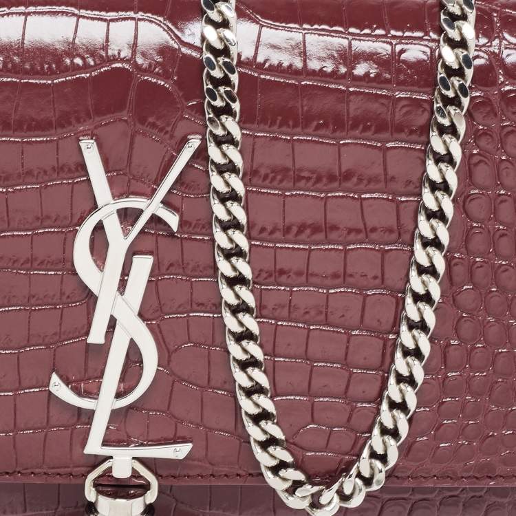Pre Owned Saint Laurent Burgundy Croc Embossed Leather New Medium Kate Shoulder Bag