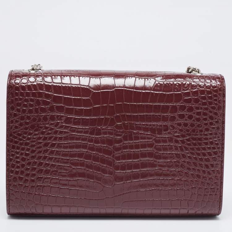 Pre Owned Saint Laurent Burgundy Croc Embossed Leather New Medium Kate Shoulder Bag