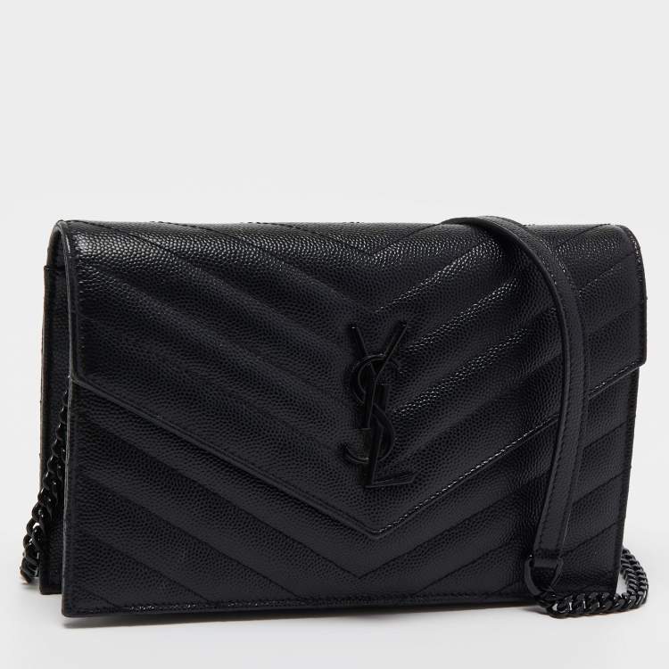 Pre Owned Saint Laurent Black Matelasse Leather Monogram Envelope Wallet on Chain