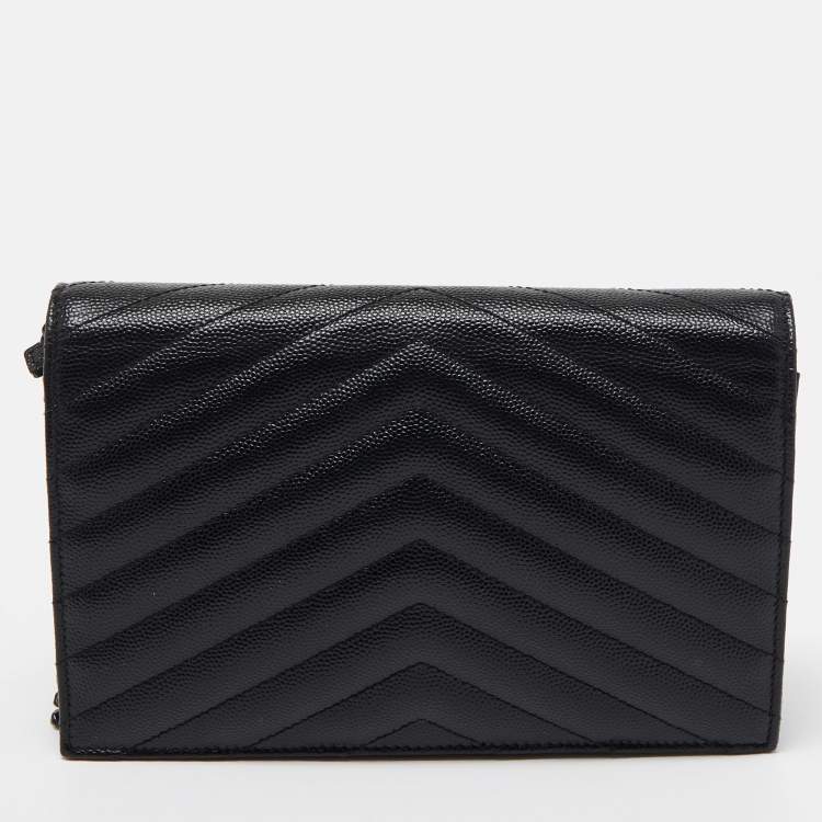 Pre Owned Saint Laurent Black Matelasse Leather Monogram Envelope Wallet on Chain