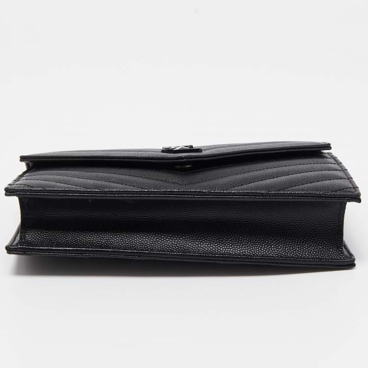 Pre Owned Saint Laurent Black Matelasse Leather Monogram Envelope Wallet on Chain