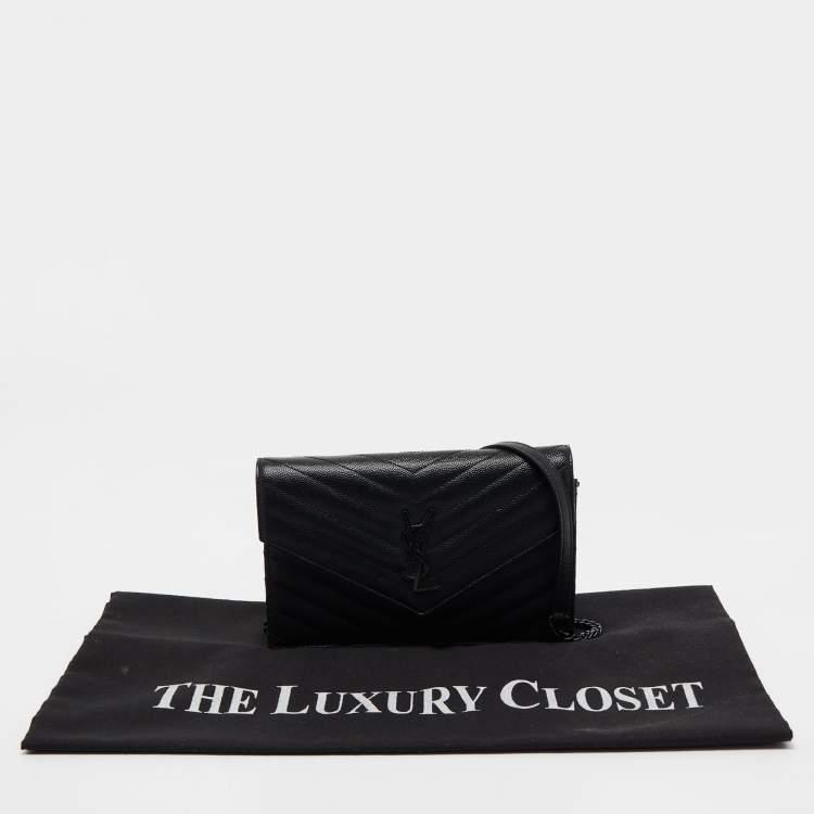 Pre Owned Saint Laurent Black Matelasse Leather Monogram Envelope Wallet on Chain