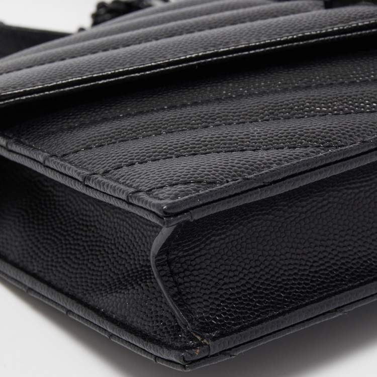 Pre Owned Saint Laurent Black Matelasse Leather Monogram Envelope Wallet on Chain