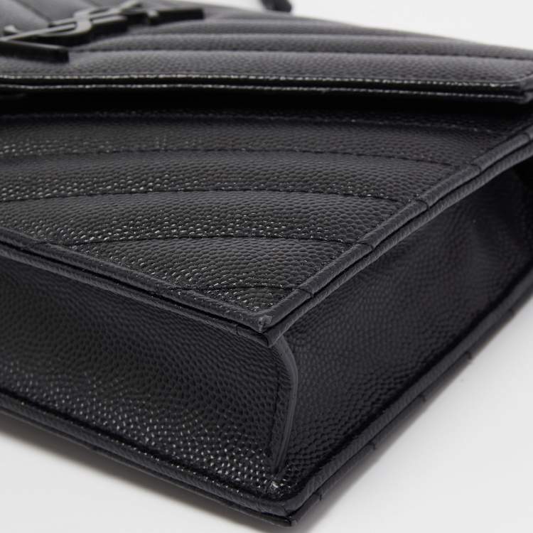 Pre Owned Saint Laurent Black Matelasse Leather Monogram Envelope Wallet on Chain