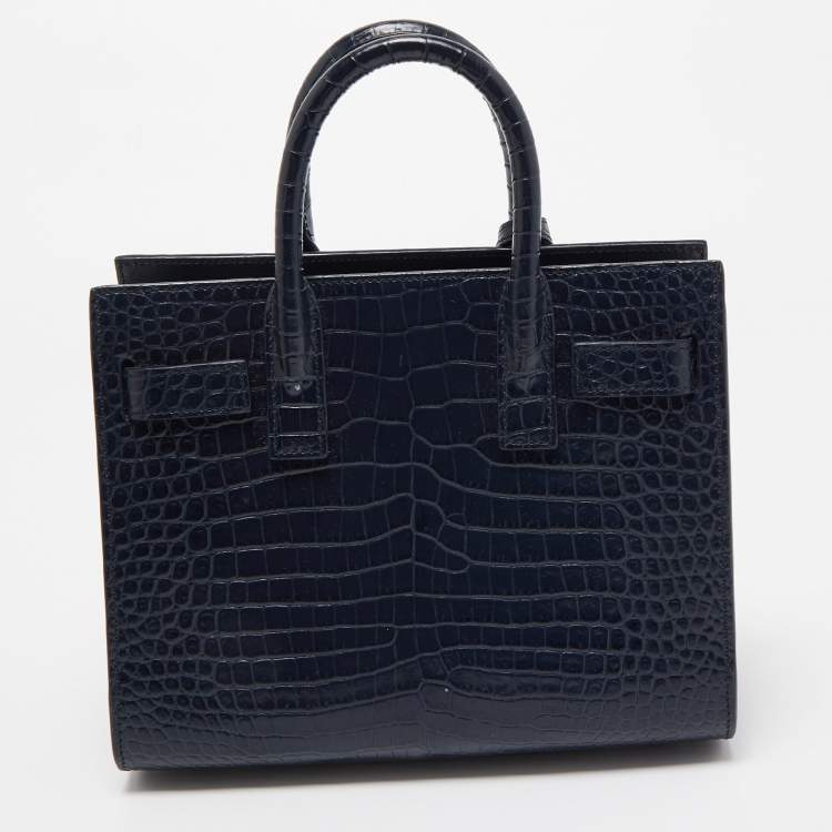 Pre Owned Saint Laurent Blue Croc Embossed Leather Nano Classic Sac De Jour Tote