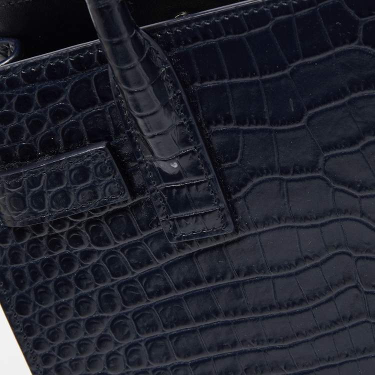 Pre Owned Saint Laurent Blue Croc Embossed Leather Nano Classic Sac De Jour Tote
