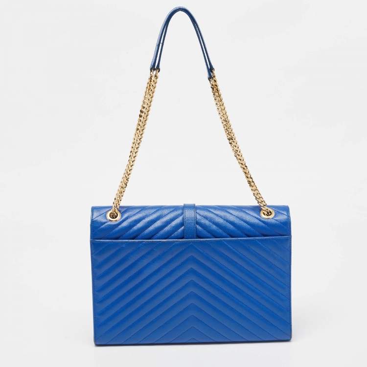 Pre Owned Saint Laurent Blue Matelassé Leather Large Monogram Envelope Shoulder Bag