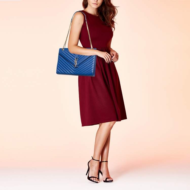 Pre Owned Saint Laurent Blue Matelassé Leather Large Monogram Envelope Shoulder Bag