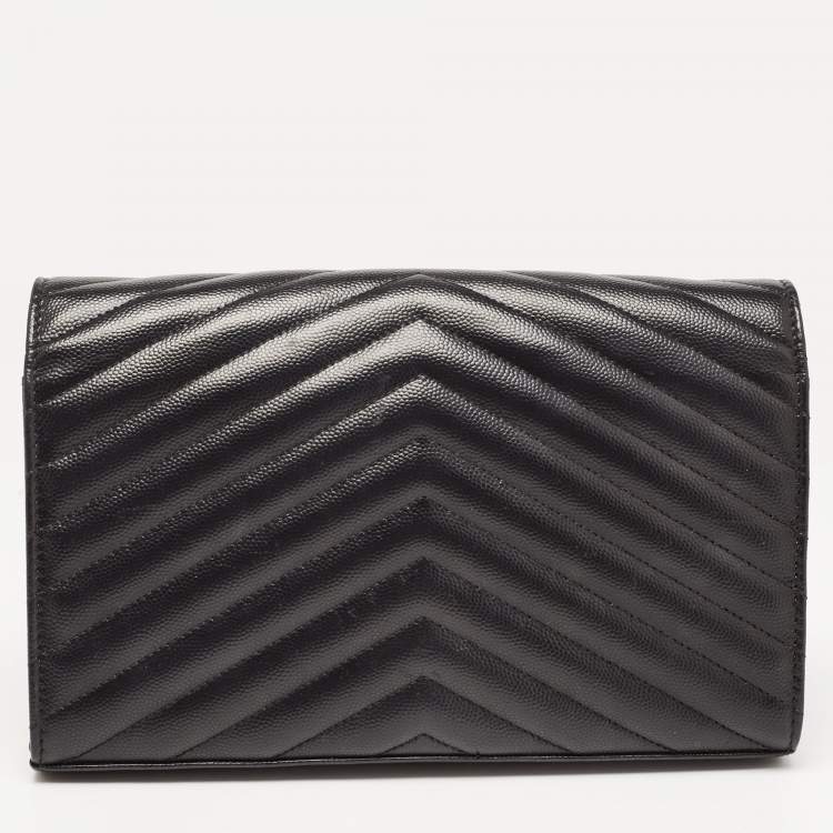 Pre Owned Saint Laurent Black Matelasse Leather Monogram Envelope Wallet on Chain
