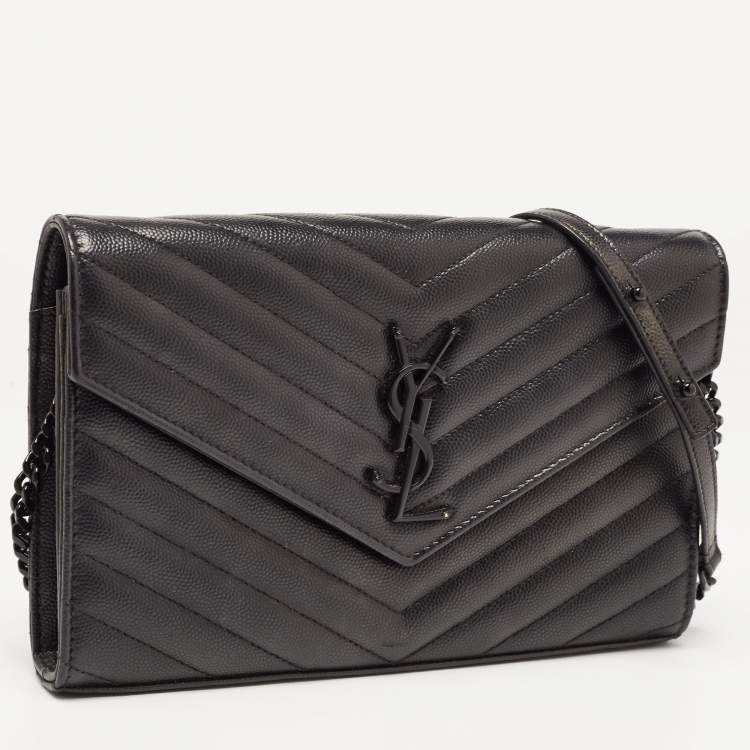 Pre Owned Saint Laurent Black Matelasse Leather Monogram Envelope Wallet on Chain