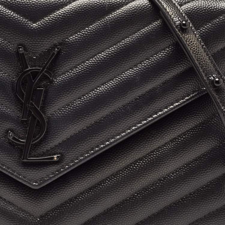 Pre Owned Saint Laurent Black Matelasse Leather Monogram Envelope Wallet on Chain