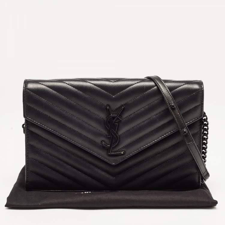 Pre Owned Saint Laurent Black Matelasse Leather Monogram Envelope Wallet on Chain