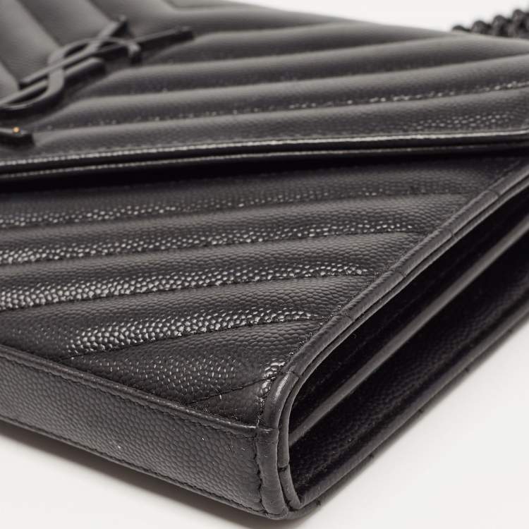 Pre Owned Saint Laurent Black Matelasse Leather Monogram Envelope Wallet on Chain