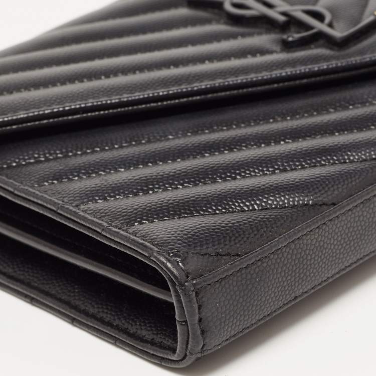 Pre Owned Saint Laurent Black Matelasse Leather Monogram Envelope Wallet on Chain