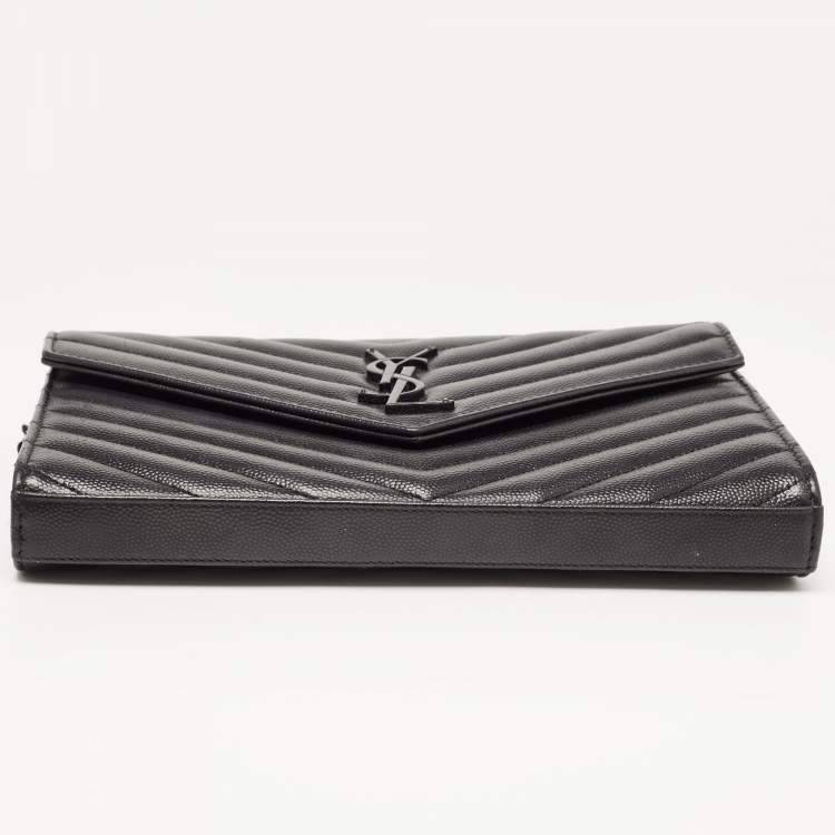 Pre Owned Saint Laurent Black Matelasse Leather Monogram Envelope Wallet on Chain