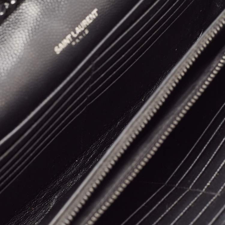 Pre Owned Saint Laurent Black Matelasse Leather Monogram Envelope Wallet on Chain