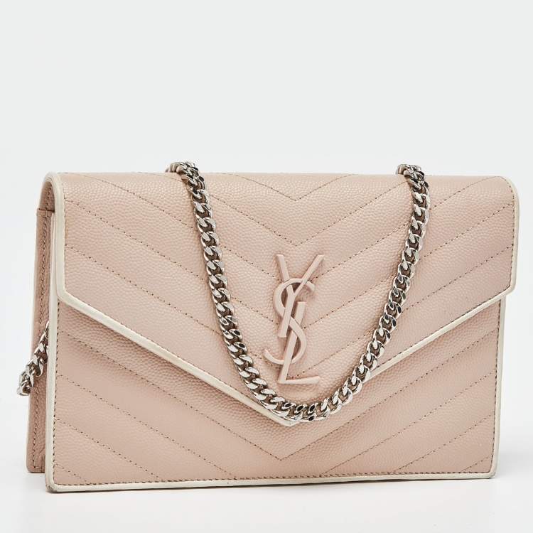 Pre Owned Saint Laurent Pink Matelassé Leather Monogram Envelope Wallet on Chain