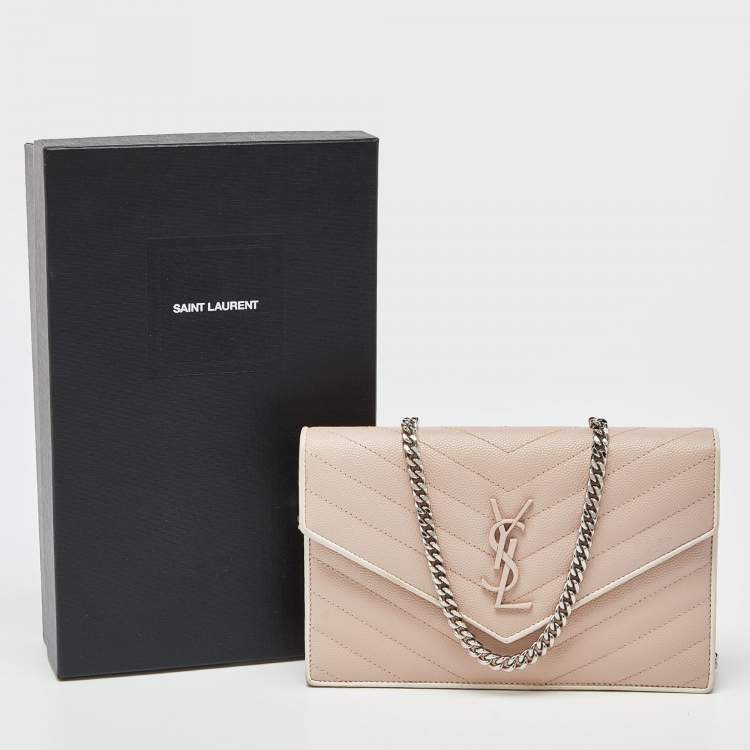 Pre Owned Saint Laurent Pink Matelassé Leather Monogram Envelope Wallet on Chain