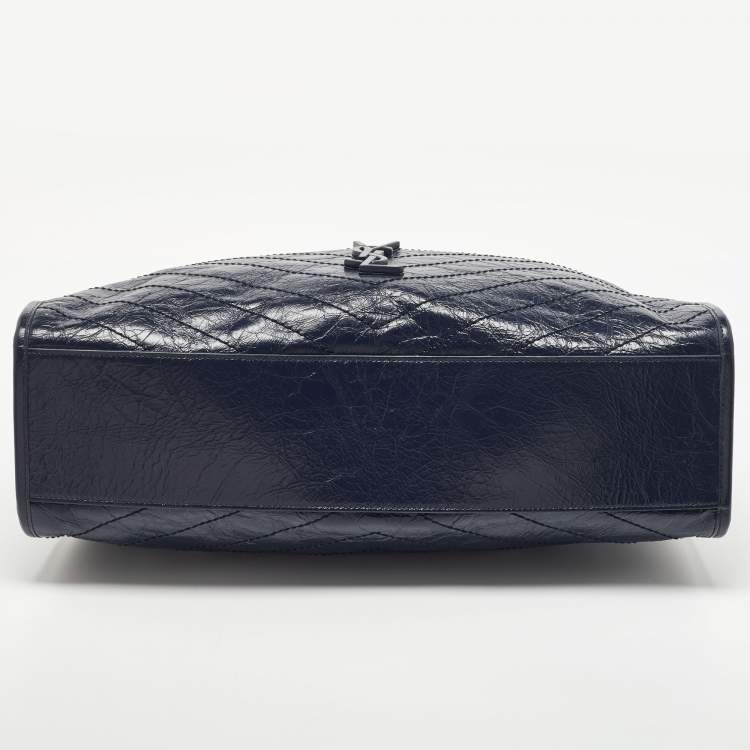 Pre Owned Saint Laurent Blue Crinkled Leather Niki Shopper Tote