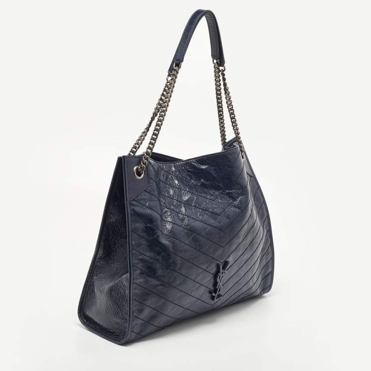 Pre Owned Saint Laurent Blue Crinkled Leather Niki Shopper Tote