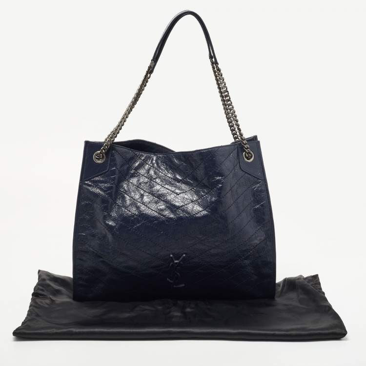 Pre Owned Saint Laurent Blue Crinkled Leather Niki Shopper Tote
