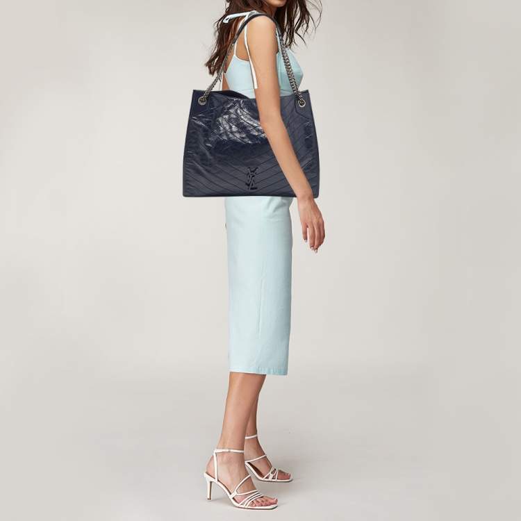 Pre Owned Saint Laurent Blue Crinkled Leather Niki Shopper Tote