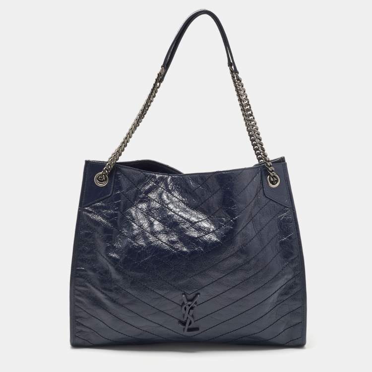 Pre Owned Saint Laurent Blue Crinkled Leather Niki Shopper Tote