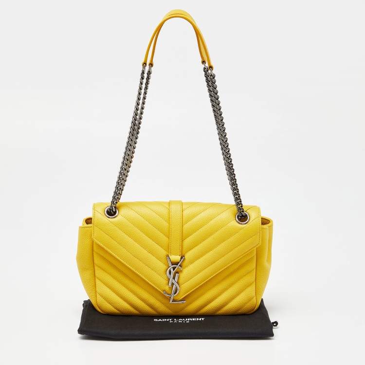 Pre Owned Saint Laurent Yellow Matelasse Leather Medium College Flap Bag