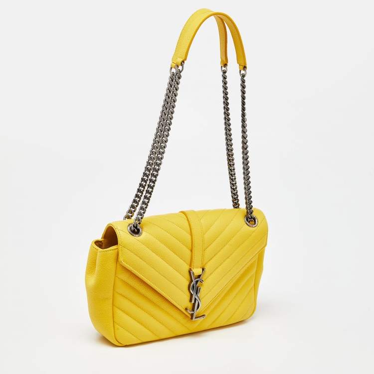 Pre Owned Saint Laurent Yellow Matelasse Leather Medium College Flap Bag