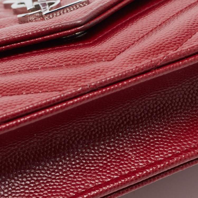 Pre Owned Saint Laurent Dark Red Matelasse Leather Monogram Envelope Wallet on Chain