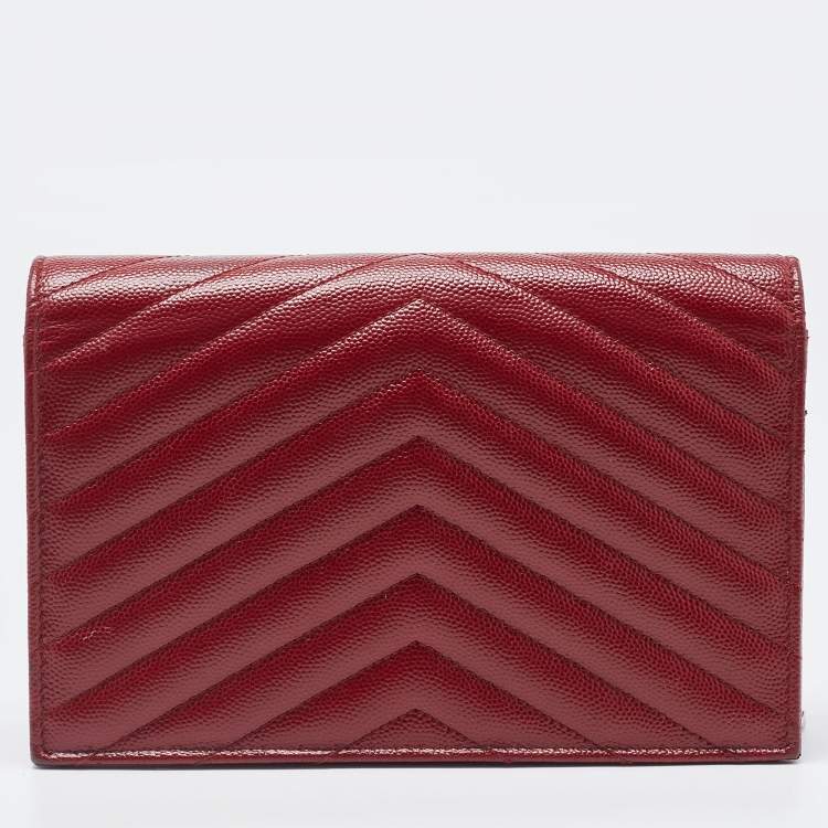 Pre Owned Saint Laurent Dark Red Matelasse Leather Monogram Envelope Wallet on Chain