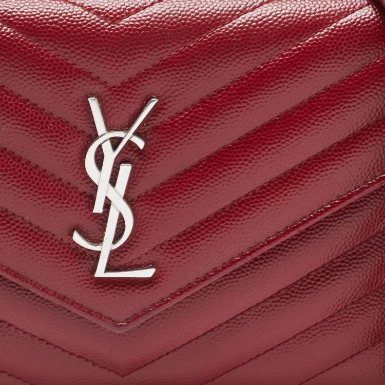 Pre Owned Saint Laurent Dark Red Matelasse Leather Monogram Envelope Wallet on Chain
