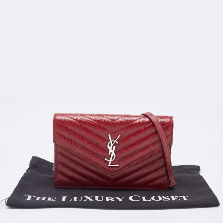 Pre Owned Saint Laurent Dark Red Matelasse Leather Monogram Envelope Wallet on Chain