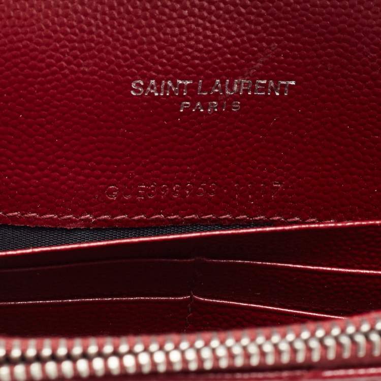 Pre Owned Saint Laurent Dark Red Matelasse Leather Monogram Envelope Wallet on Chain