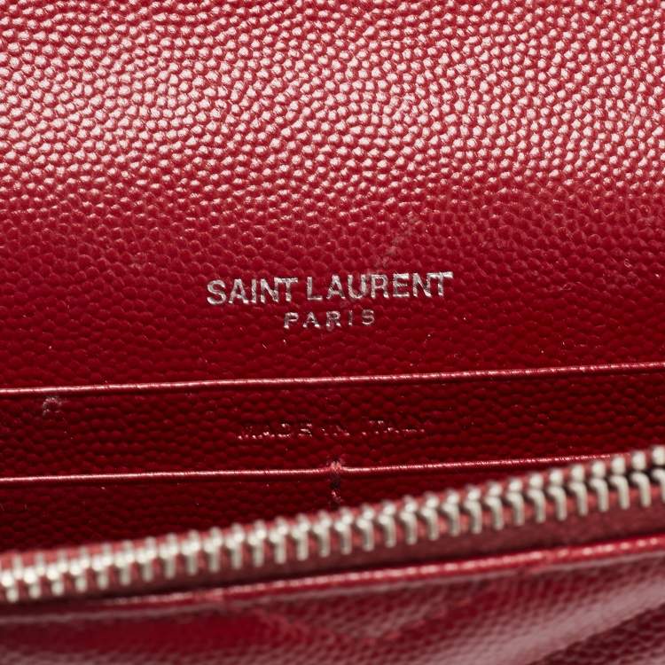Pre Owned Saint Laurent Dark Red Matelasse Leather Monogram Envelope Wallet on Chain