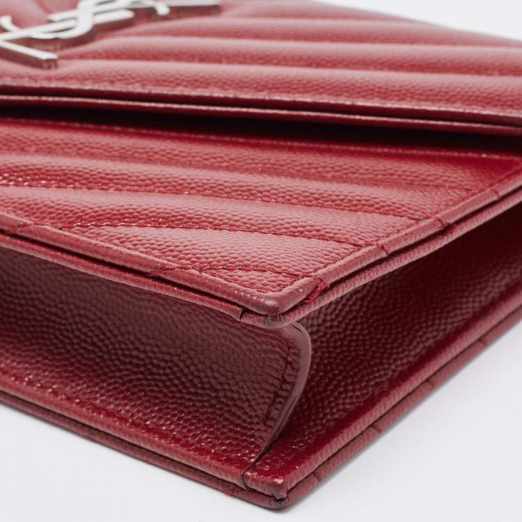 Pre Owned Saint Laurent Dark Red Matelasse Leather Monogram Envelope Wallet on Chain