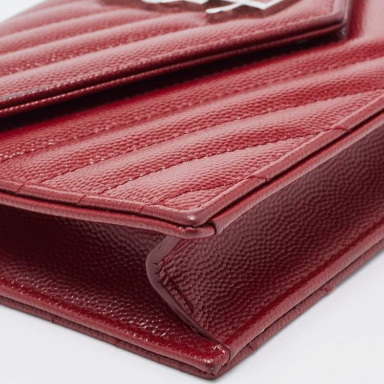 Pre Owned Saint Laurent Dark Red Matelasse Leather Monogram Envelope Wallet on Chain