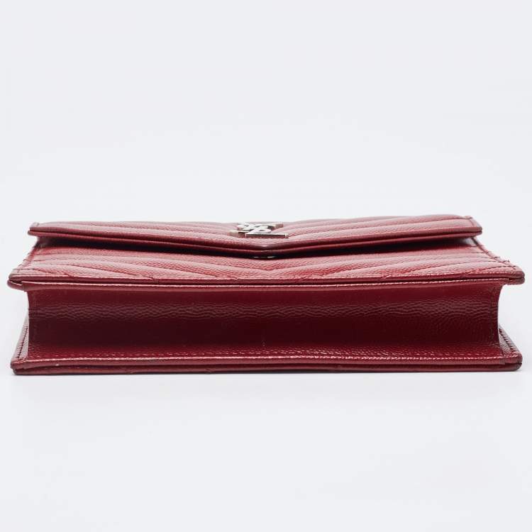 Pre Owned Saint Laurent Dark Red Matelasse Leather Monogram Envelope Wallet on Chain